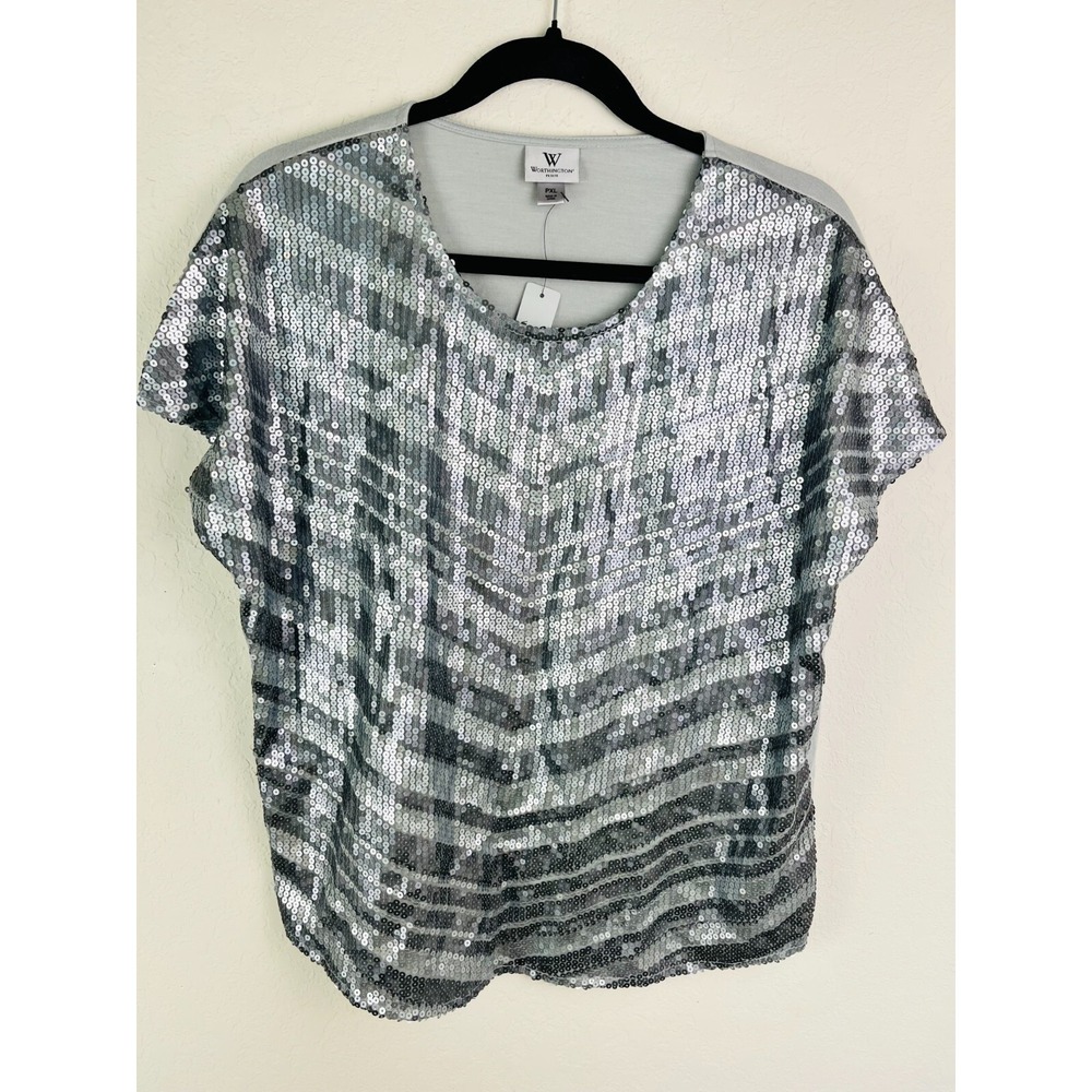 Worthington Womens XL Petite X-Large Silver Gray Sequins‎ Party Christmas Blouse